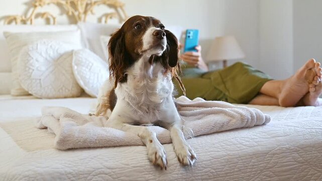 English Springer Spaniel dog relaxing on a bed beside his owner at home, capturing the comfort of everyday life, the special bond between humans and pets, and the emotional wellbeing