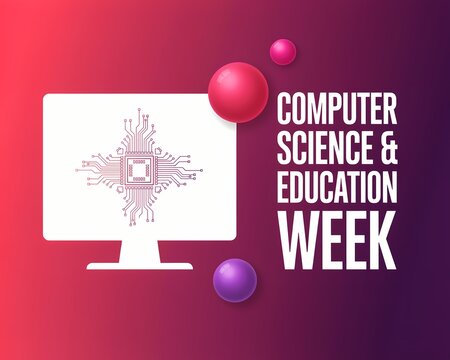 Computer science and education week banner with digital monitor and circuit board icon illustration