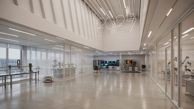 Modern bright office interior with high ceiling