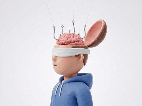 A blindfolded young man with an open head showing his brain being hooked by multiple fishing hooks, concept of manipulation, clickbait, phishing scam, and mind control 3D illustration
