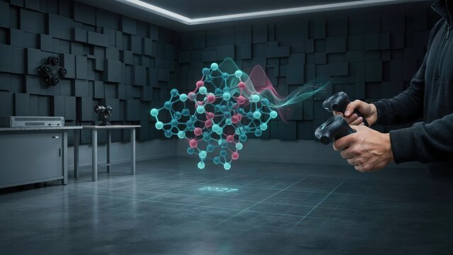 Scientist interacting with a digital 3d molecule model