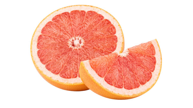 Half grapefruit and slice with pink flesh isolated on transparent png