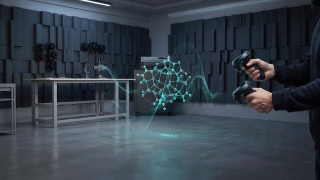 Person using vr headset in a dark science laboratory