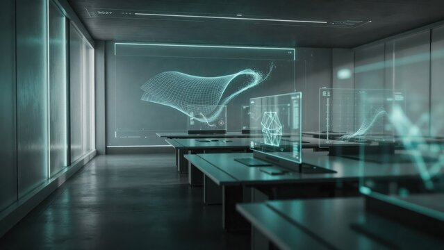 Futuristic digital office with glowing green holographic data