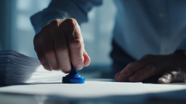 A hand presses a blue rubber stamp onto a stack of documents