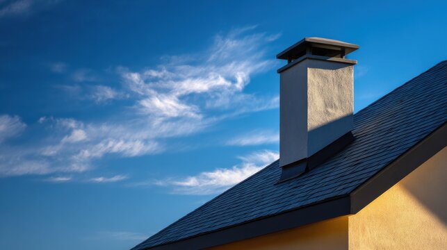 Brick chimney with metal cap rises above a slate roof against a blue sky
