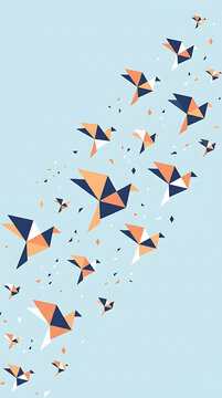 Geometric origami birds flying on light blue background