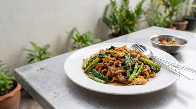 Thai pad see ew wide noodles with Chinese broccoli on a steel table