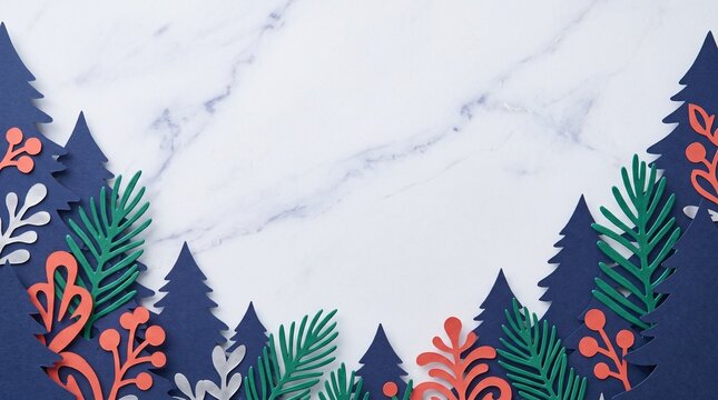 Flat lay Christmas tabletop background featuring handcrafted paper cutouts of dark blue pine trees, green fern leaves, and coral red berries on a white marble surface with generous copy spac