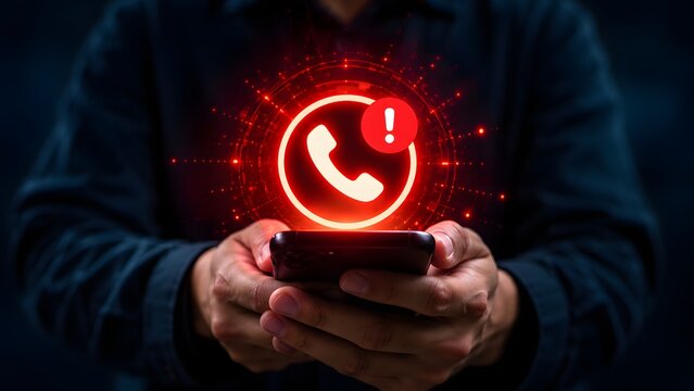 Person holding a smartphone displaying a glowing neon emergency call alert notification, representing urgent communication or a critical system error at night.