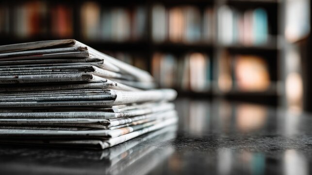 Stacked newspapers rest on a reflective surface blurred bookshelf background