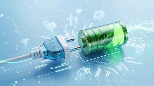 Green energy concept Battery with leaf symbol charging via an electric plug on a smart circuit
