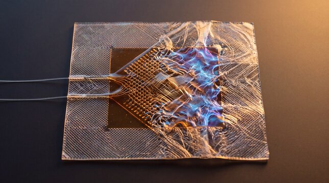 Macro view of a futuristic flexible electronic sensor with iridescent micro-circuitry on a translucent substrate, showcasing advanced nanotechnology, materials science, and bio-electronic research.