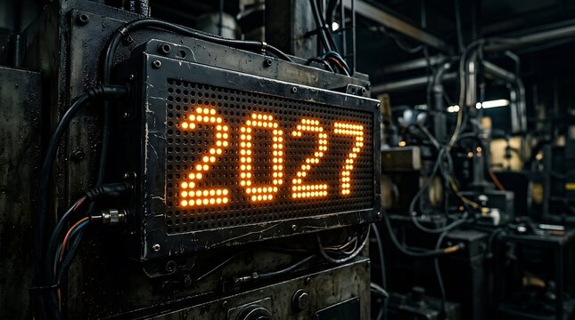 Industrial machine with orange LED dot matrix display showing 2027 digits