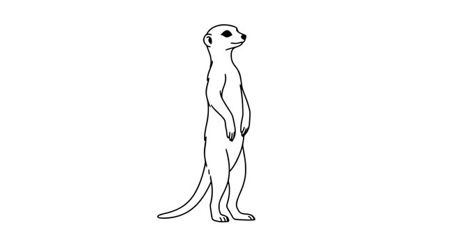 Slender desert meerkat standing alert on hind legs in sentinel posture with curled tail resting on ground, rendered as a wild mongoose animal black contour vector icon for zoo field guides
