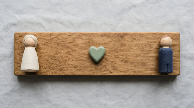Charming wooden peg dolls representing a couple standing on a long oak board with a sage green heart placed between them, top view flat lay on a textured white linen fabric background, romantic