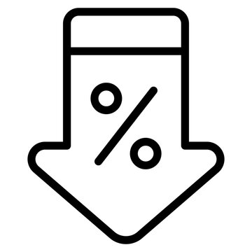 Flat style vector illustration of a yellow downward arrow with a percentage sign, symbolizing discounts or price reductions, suitable for marketing and sales visuals.