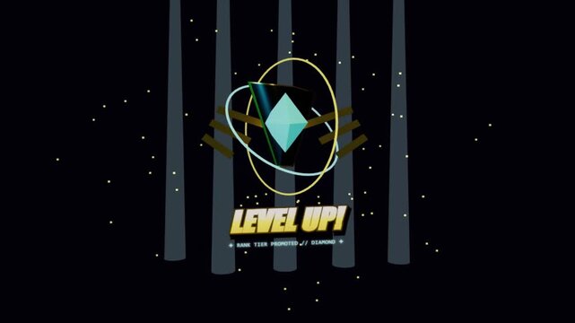 Diamond emblem with glowing rings and 'Level Up!' text animates on dark background with vertical lines