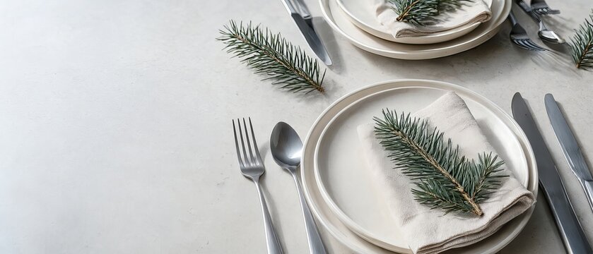 Winter Tablescape With Cream Ceramic Plates, Simple Evergreens, and Rustic Stone Table Decor