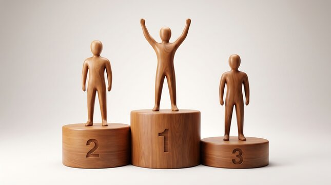 Three stylized wooden human figures standing on a numbered podium representing first second and third place winners