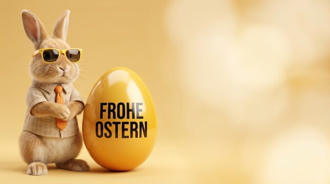 Brown bunny wearing yellow sunglasses and a beige shirt with an orange tie standing next to a large yellow easter egg with the german text frohe ostern printed in black letters on a gold background 1