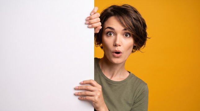 Brunette woman with short hair peeking from behind a large blank white placard against a solid yellow background with a surprised facial expression 1