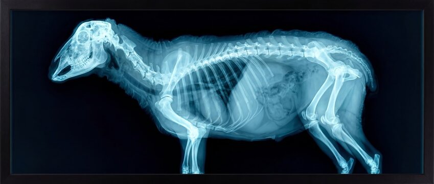 Sheep skeleton x ray showing internal bone structure on a dark black background