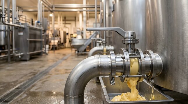 sanitary flow control valve discharging butter from a dairy churn for hygienic butter production and commercial food processing