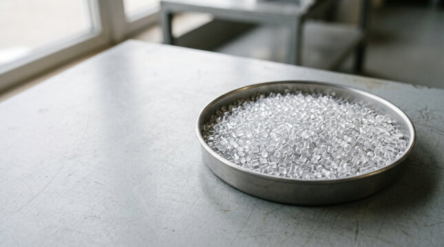 Translucent plastic resin pellets in a metal tray