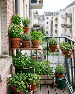 Small urban balcony garden filled with potted herbs