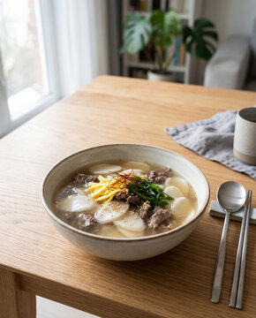 Korean tteokguk rice cake soup in a ceramic bowl