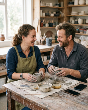 Two adults enjoying a clay pottery activity together