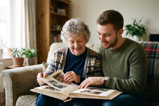 Grandmother and adult grandson looking at a photo album