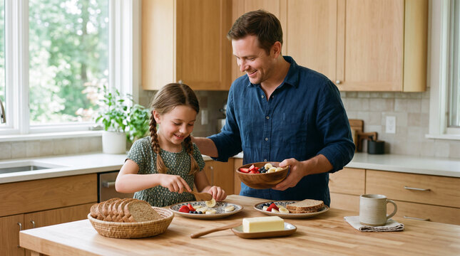 Father and daughter preparing breakfast in a bright kitchen