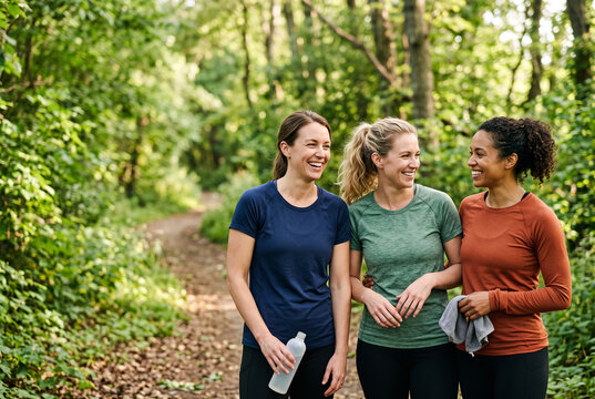 Three women chatting after exercise on a woodland path