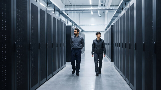 Two technicians walking between server racks in a data center