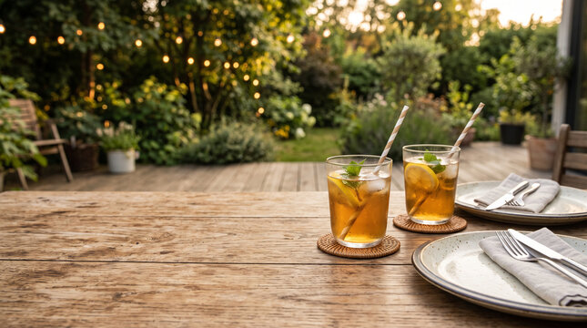 Iced citrus drinks on an outdoor table with string lights