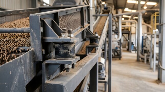 vibration isolation assembly on a finished poultry feed pellet screening machine in an animal nutrition production facility