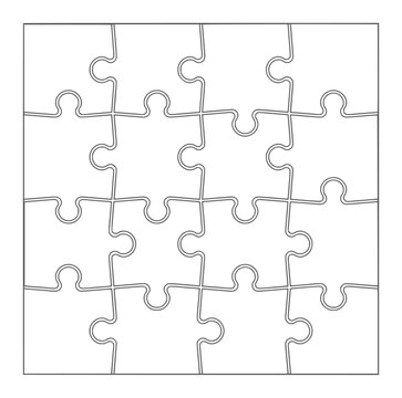 Sixteen interlocking puzzle pieces forming a grid pattern