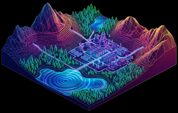 3D Isometric Data Center illustration Between Towering Mountains in Vibrant Glowing Neon Wireframe Line Art