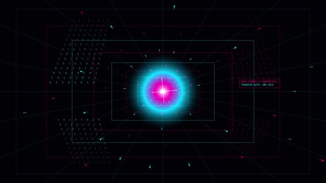 Futuristic Data Stream and Binary Code Tunnel Animation with Glowing Blue and Magenta Center Core on Dark Background Motion Graphics