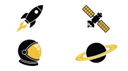 Space exploration vector icons featuring rockets satellites astronauts and planetary rings on white background © Abuzar