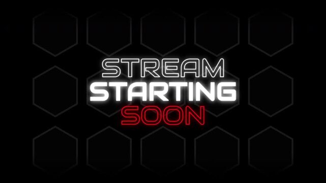 Neon stream starting soon screen overlay gaming banner dark hexagon background for live broadcast countdown screens.