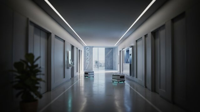 Small delivery robots in a modern office hallway