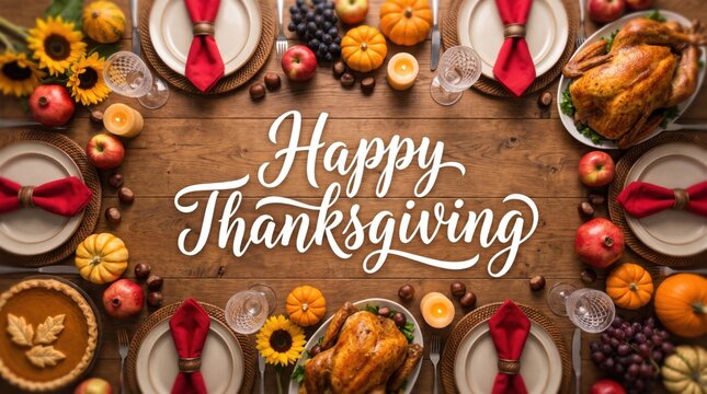 Thanksgiving dinner table setting with roasted turkey pumpkin pie sunflowers red napkins and autumn fruits on a rustic wooden background with white script text overlay 1