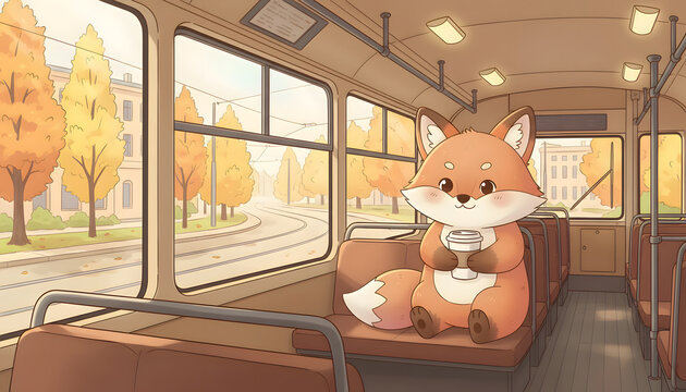 A cute cartoon fox sitting inside a vintage tram holding a takeaway coffee cup with both paws