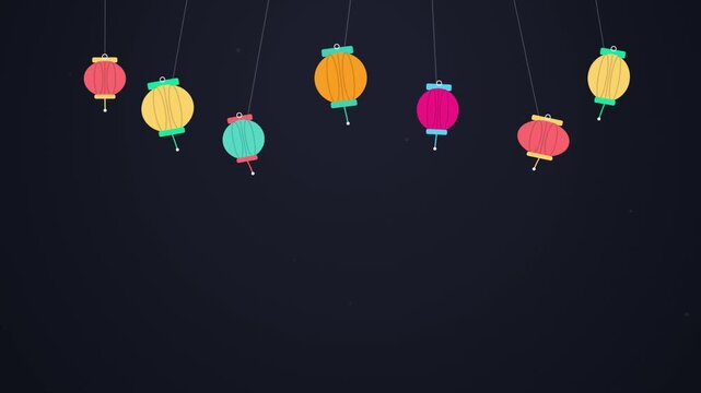 An animated motion graphics video featuring colorful hanging paper lanterns swaying gently against a dark background