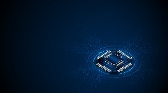 Microchip processor circuit board technology on dark blue background. Information Processing Concept. Circuit board hi-tech technology background. vector illustration