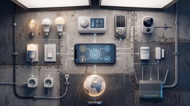Smart home automation system interface on a generic smartphone screen controlling various IoT devices including security cameras, lighting, thermostat, and router on a rustic industrial background