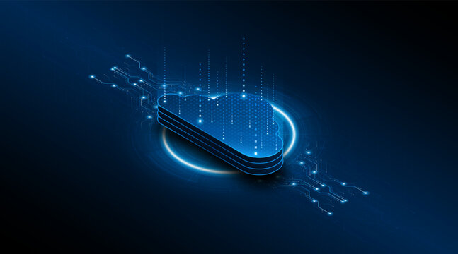The concept of cloud computing and future data center technology. Digital storage servers on blue circuit boards. High-speed server connectivity for big data processing.